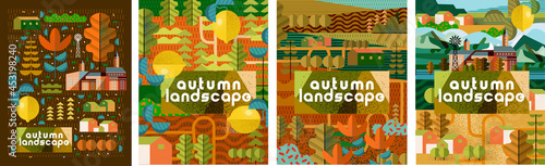 Autumn landscape. Vector illustration of orange nature, city, trees, leaves, house, forest, harvest, lemon and objects. Drawings for poster, background or cover
