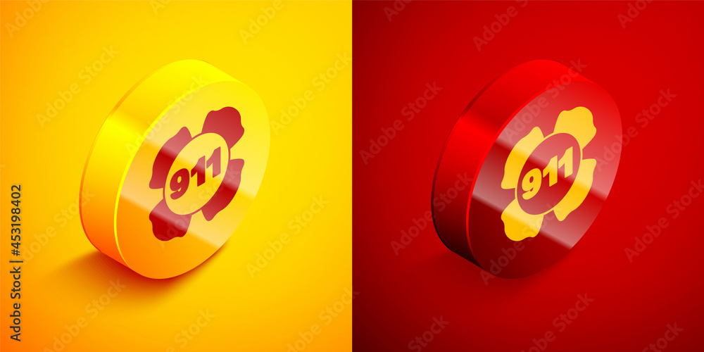 Isometric Telephone with emergency call 911 icon isolated on orange and red background. Police, ambulance, fire department, call, phone. Circle button. Vector Isometric Telephone with emergency call 911 icon isolated on orange and red background. Police, ambulance, fire department, call, phone. Circle button. Vector