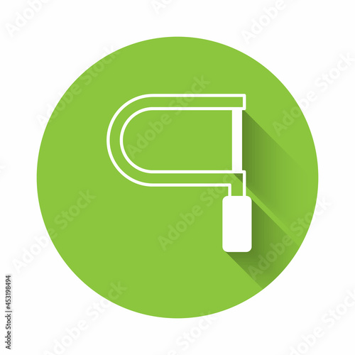 White Hacksaw icon isolated with long shadow background. Metal saw for wood and metal. Green circle button. Vector