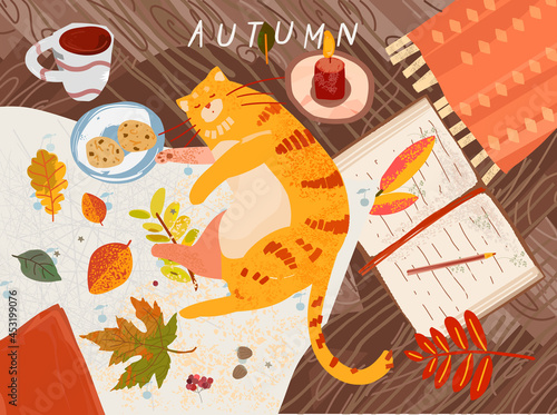 cozy autumn. Vector illustration of still life, animal cat, leaves, coffee, wooden table, book, plaid, rug, dessert. Drawings for background, postcard or banner.