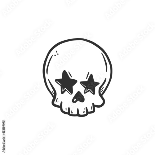 Hand drawn skull head with star eyes. Doodle sketch style. Drawing line simple skull icon. Isolated vector illustration.
