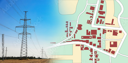 Slika na platnu Cadastral map and high voltage towers with electricity transmission power lines