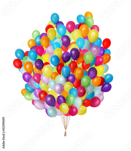 Big bunch of bright balloons on white background