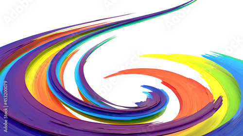 Rainbow abstract twisted brush stroke. Bright curl, artistic spiral. 3D rendering image