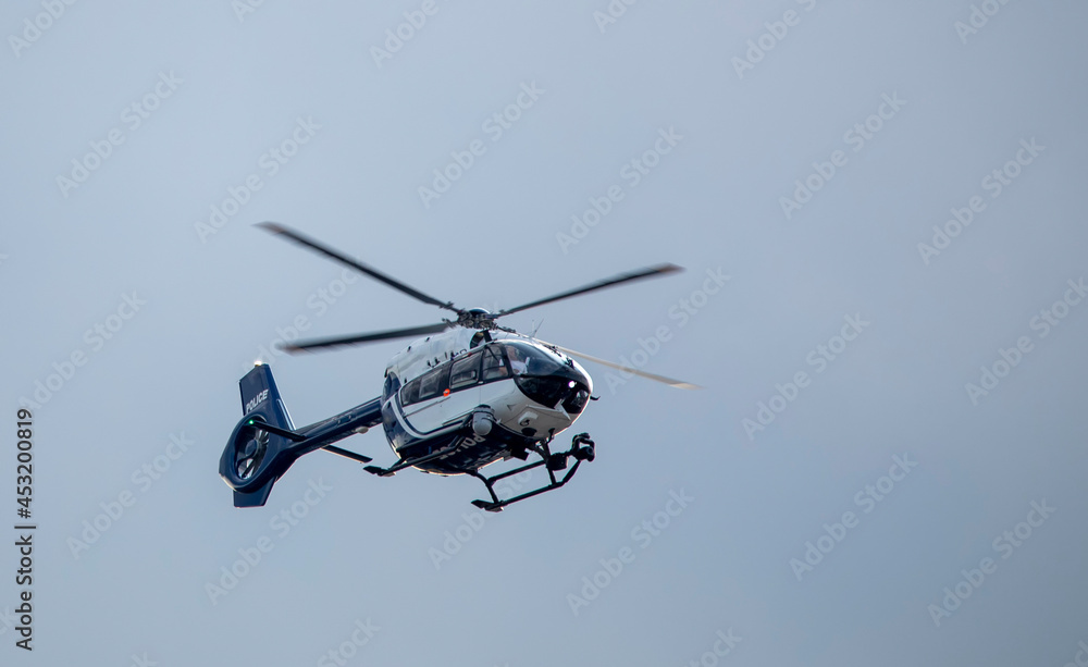 Fototapeta premium Police helicopter black and white. Modern, equipped with the latest equipment.