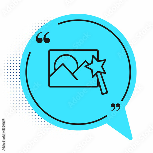 Black line Photo retouching icon isolated on white background. Photographer, photography, retouch icon. Blue speech bubble symbol. Vector