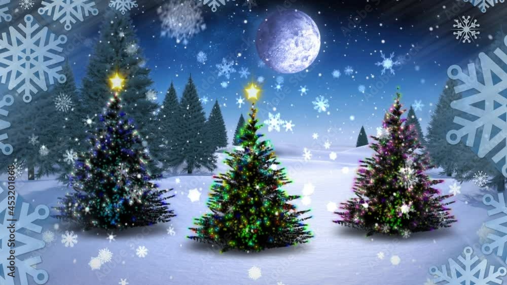 Animation of christmas trees over winter scenery Animation of christmas trees over winter scenery