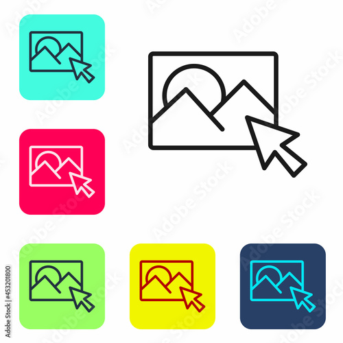 Black line Photo retouching icon isolated on white background. Photographer, photography, retouch icon. Set icons in color square buttons. Vector