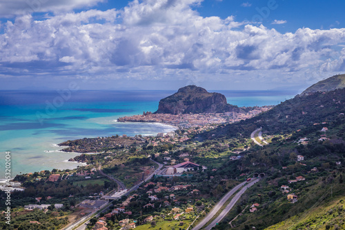 Distance view of La Rocca mount in Cefalu city, Sicily Island in Italy