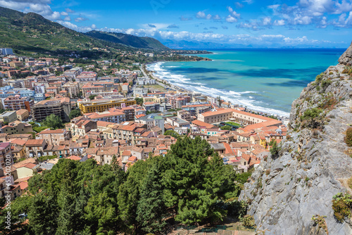 View from La Rocca mountain in Cefalu city on Sicily Island in Italy © Fotokon