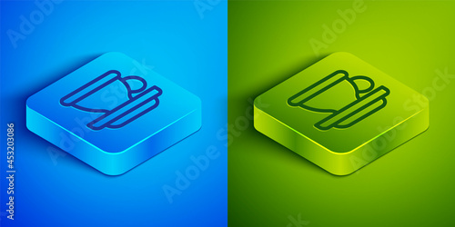 Isometric line Coffee cup icon isolated on blue and green background. Tea cup. Hot drink coffee. Square button. Vector