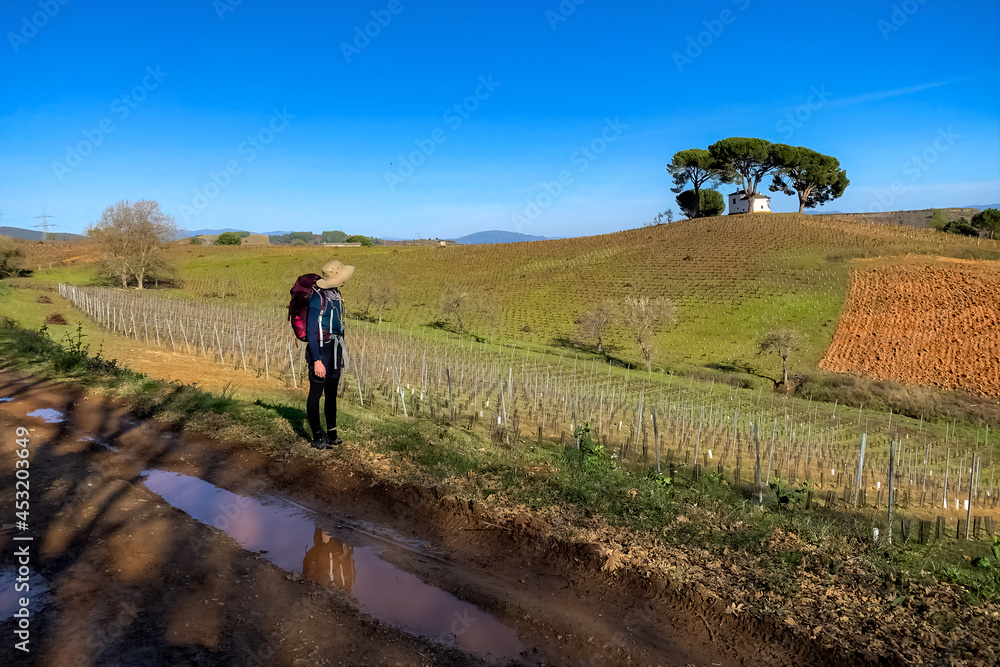 Pilgrim Girl Lokking at Picturesque idyllic villa house set on Bierzo hilltop vineyard landscape Spanish countryside on the Way of St James Pilgrimage Trail Camino de Santiago