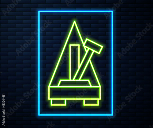 Glowing neon line Classic Metronome with pendulum in motion icon isolated on brick wall background. Equipment of music and beat mechanism. Vector