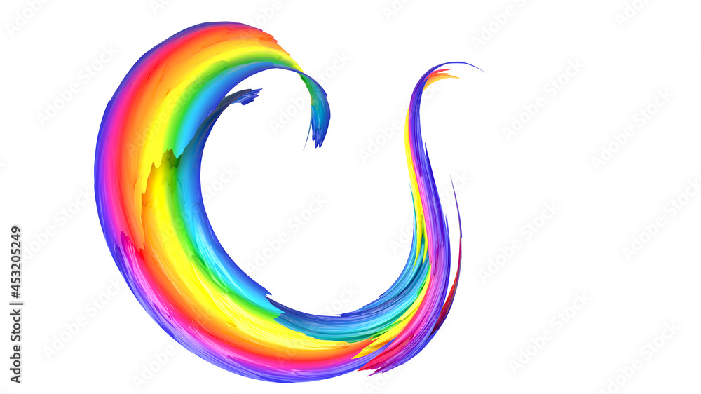 Rainbow abstract twisted brush stroke. Bright curl, artistic spiral. 3D rendering image Rainbow abstract twisted brush stroke. Bright curl, artistic spiral. 3D rendering image