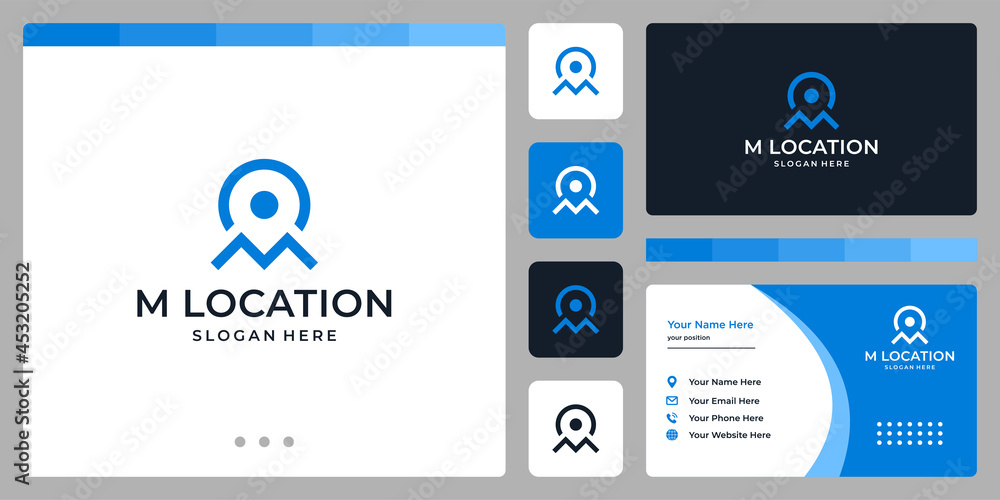 location icon symbol and initial letter M. business card design. location icon symbol and initial letter M. business card design.
