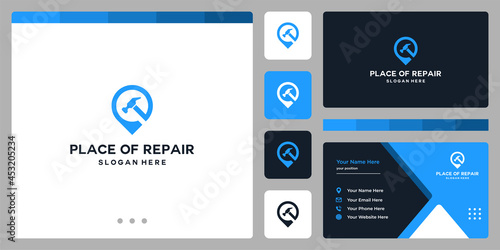Pin point location logo design template with hammer graphic design vector illustration.