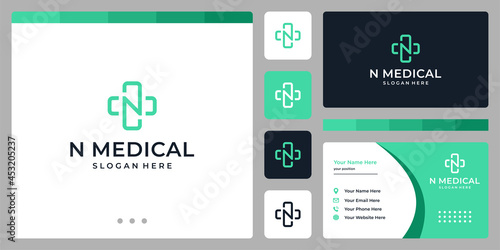 Initial letter N logo design template with medical cross graphic design vector illustration.