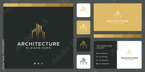 inspiration building logo design with a line model. icon for real estate business, architecture, building, luxury, elegant, simple. Business card design template.
