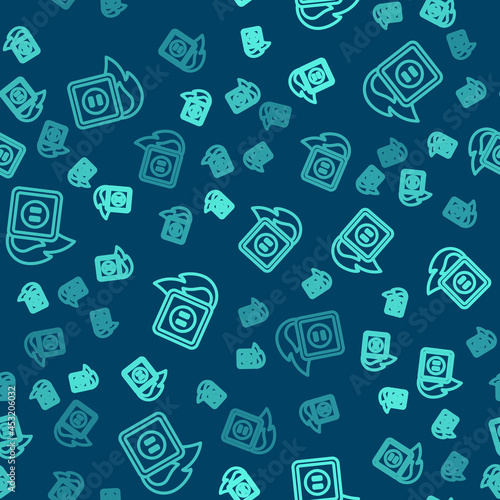 Green line Electric wiring of socket in fire icon isolated seamless pattern on blue background. Electrical safety concept. Plug outlet on fire. Vector
