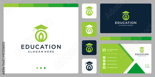 College, Graduation cap, Campus, Education logo design with nature leaf graphic vector illustration. Symbol, icon, creative.	