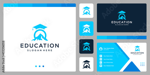 College, Graduation cap, Campus, Education logo design with peak mountain graphic vector illustration. Symbol, icon, creative. photo