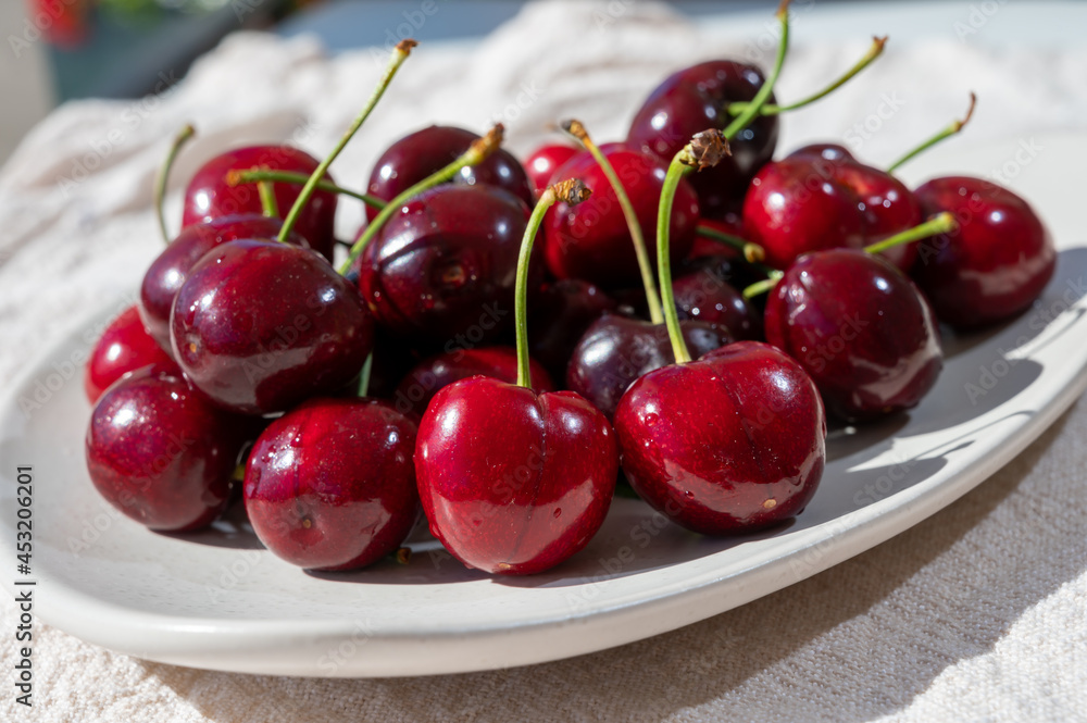 New harvest of fresh ripe dark red cherry berry in Provence, France New harvest of fresh ripe dark red cherry berry in Provence, France