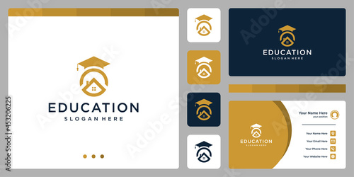 College, Graduation cap, Campus, Education logo design with house building graphic vector illustration. Symbol, icon, creative.