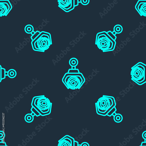 Green line Grapple crane grabbed a log icon isolated seamless pattern on blue background. Forest industry. Industrial crane for lumber trunk wood production. Vector