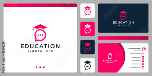 College, Graduation cap, Campus, Education logo design with chat bubble graphic vector illustration. Symbol, icon, creative.