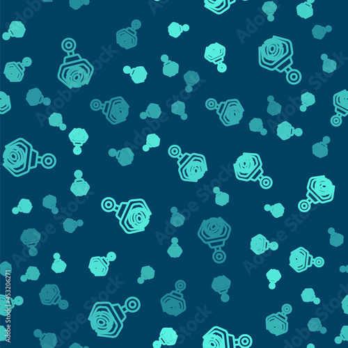Green line Grapple crane grabbed a log icon isolated seamless pattern on blue background. Forest industry. Industrial crane for lumber trunk wood production. Vector