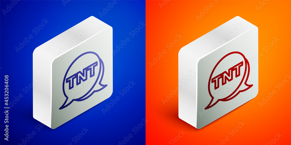 Isometric line Detonate dynamite bomb stick icon isolated on blue and orange background. Time bomb - explosion danger concept. Silver square button. Vector Isometric line Detonate dynamite bomb stick icon isolated on blue and orange background. Time bomb - explosion danger concept. Silver square button. Vector