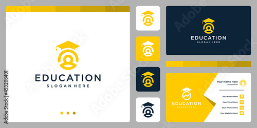 College, Graduation cap, Campus, Education logo design with people graphic vector illustration. Symbol, icon, creative.