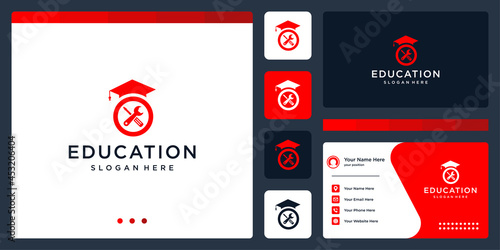 College, Graduation cap, Campus, Education logo design with repair equipment graphic vector illustration. Symbol, icon, creative.