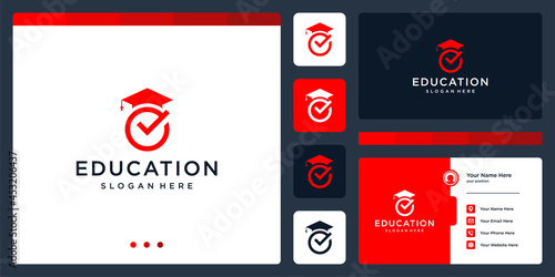 College, Graduation cap, Campus, Education logo design with check mark graphic vector illustration. Symbol, icon, creative.