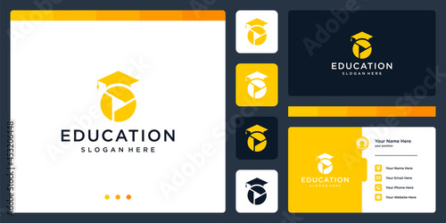 College, Graduate, Campus, Education logo design. and play button logo, video. Business card