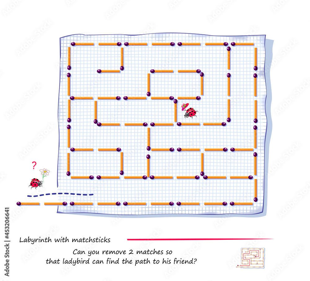 Labyrinth with matchsticks. Logic puzzle game. Can you remove 2 matches so that ladybird can