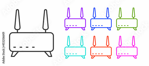 Black line Router and wi-fi signal icon isolated on white background. Wireless ethernet modem router. Computer technology internet. Set icons colorful. Vector
