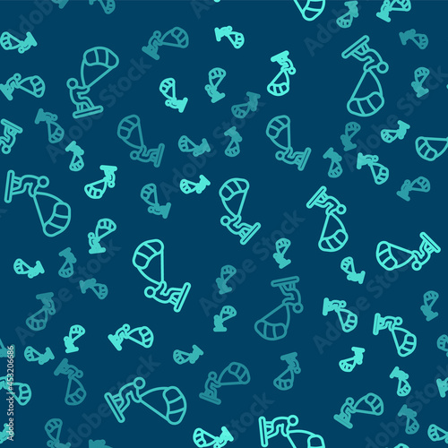 Green line Kitesurfing icon isolated seamless pattern on blue background. Vector