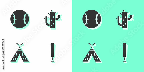 Set Baseball bat, , Indian teepee or wigwam and Cactus icon. Vector