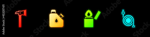 Set Firefighter axe, Canister fuel, Lighter and hose reel icon. Vector