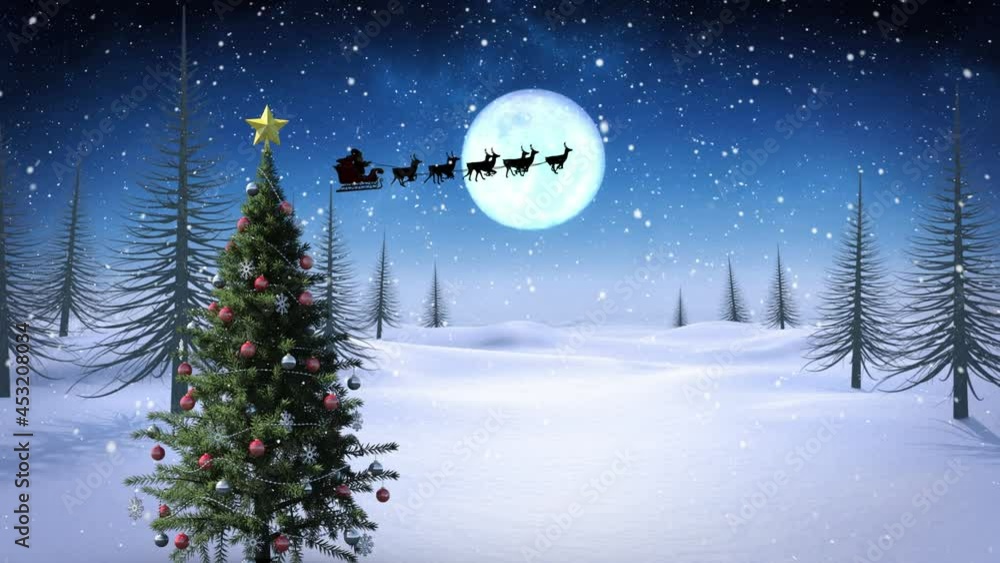 Animation of snow falling over santa claus in sleigh with reindeer and christmas tree Animation of snow falling over santa claus in sleigh with reindeer and christmas tree