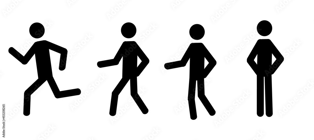 a set of human figures in different poses running, walking, standing isolated on a white background, pictogram a set of human figures in different poses running, walking, standing isolated on a white background, pictogram