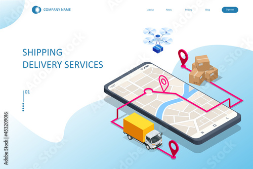 Isometric Logistics and Delivery concept. Delivery home and office. City logistics. Warehouse, truck, forklift, courier, drone and delivery man.
