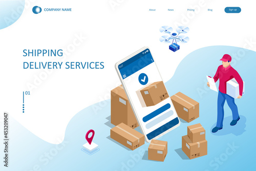Isometric Logistics and Delivery concept. Delivery home and office. City logistics. Warehouse, truck, forklift, courier, drone and delivery man.