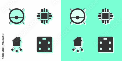 Set Smart bathroom scales, Robot vacuum cleaner, home and Processor with CPU icon. Vector