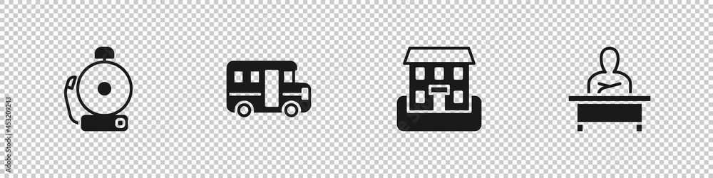 Set Ringing alarm bell, School Bus, building and Schoolboy sitting at desk icon. Vector Set Ringing alarm bell, School Bus, building and Schoolboy sitting at desk icon. Vector