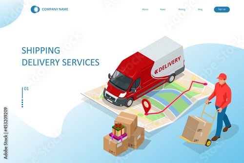 Isometric Logistics and Delivery concept. Delivery home and office. City logistics. Smart technology concept with global logistics partnership