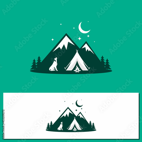 Illustration design night camp with mountain landscape photo