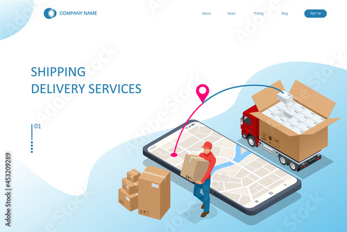 Isometric Logistics and Delivery concept. Delivery home and office. City logistics. Smart technology concept with global logistics partnership