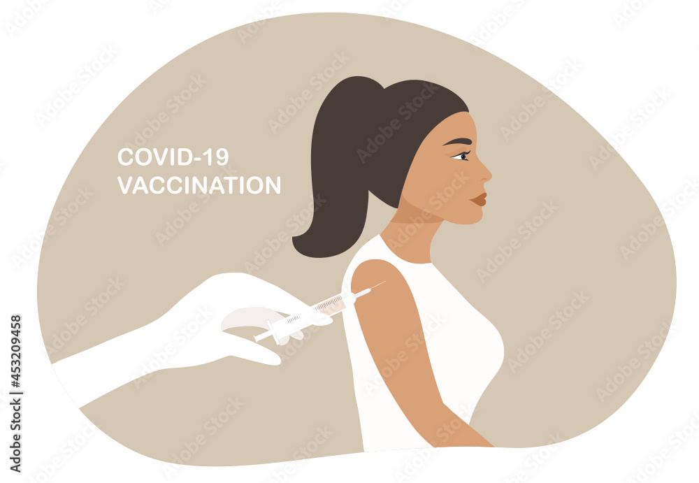 Doctor hand giving vaccine Covid-19 to a patient's shoulder. Vaccination and prevention against covid-19 coronavirus disease pandemic vector illustration
